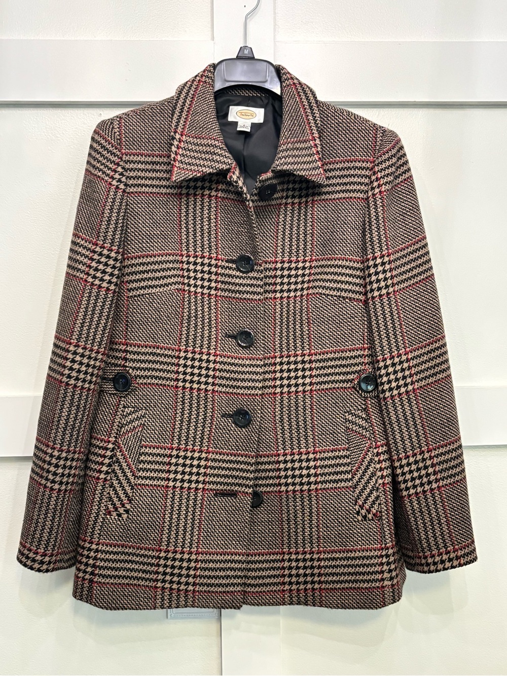 Talbots Plaid Wool-Blend Peacoat in Brown with Black and Red